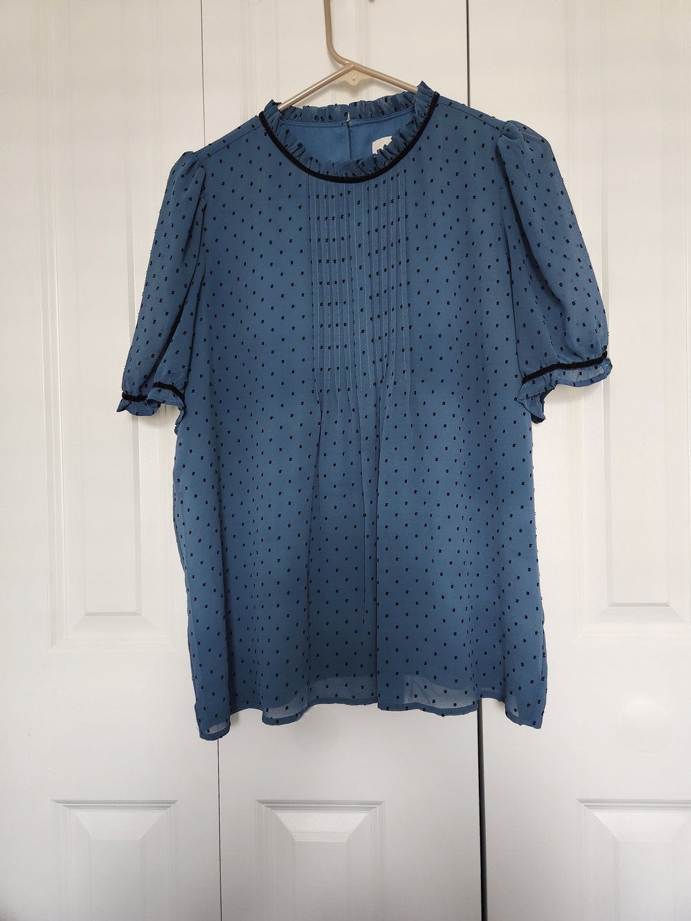 LOFT Dusty Blue Swiss Dot Pintuck Puff Sleeve Top